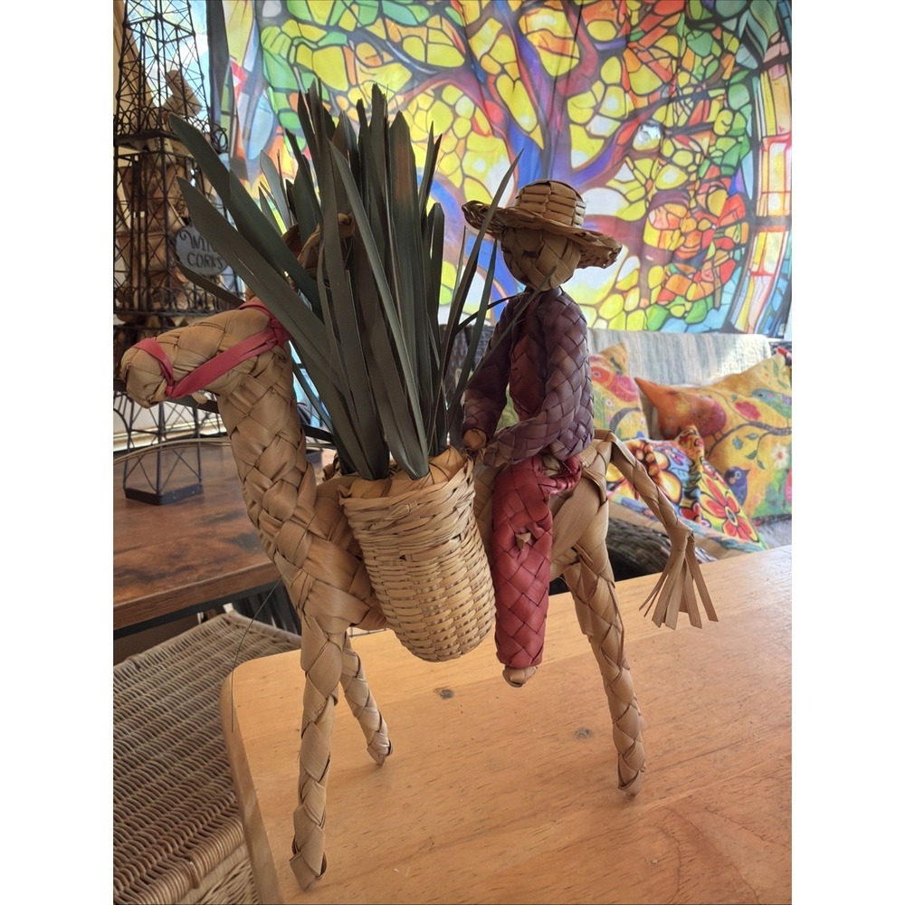 Vintage Handwoven Straw Donkey Rider Folk Art Decor Mexico Farm Life